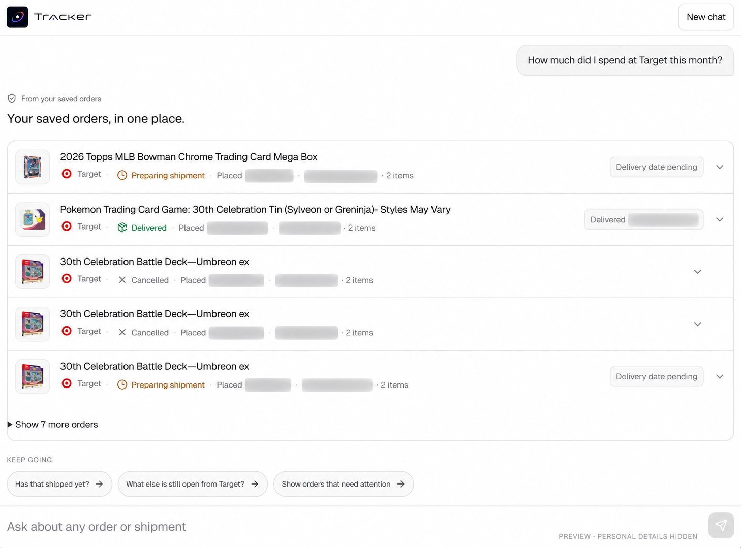 Tracker answering a spending question from saved orders